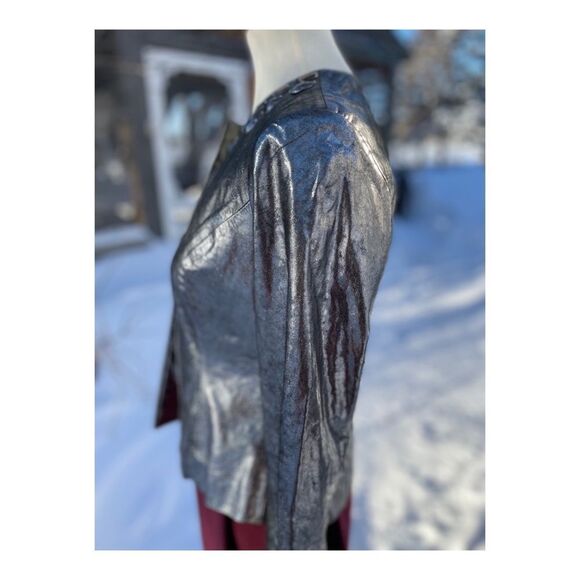 Isabel Silver Metallic Italian Leather Bomber Jacket Cobochon Studded Sz M - Picture 7 of 12